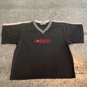 Vintage K-Swiss Jersey Shirt Womens Small Medium USA V-Neck Embroidered Black